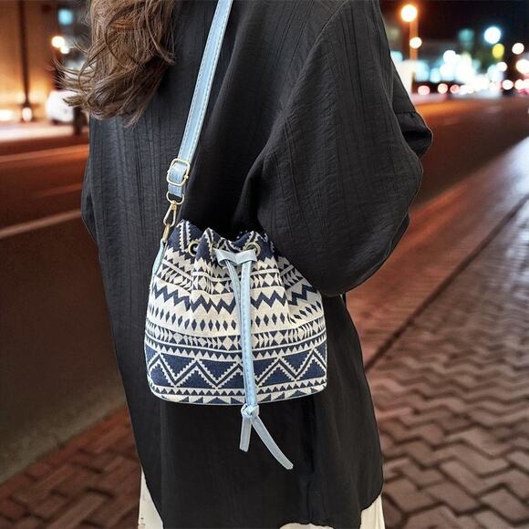 Boho Aztec Canvas Bucket Purse – Drawstring Crossbody Bag with Adjustable Strap - Picture 1 of 6